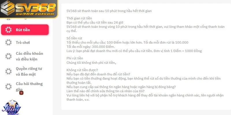 Khi rút tiền SV368 hãy đáp ứng yêu cầu của hệ thống đưa ra
